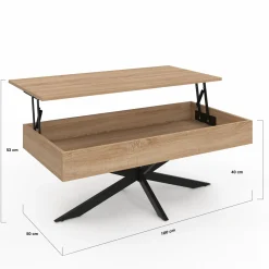 Table basse relevable industrielle rectangulaire bois et noir 100 cm pied araignée*IDMarket Best