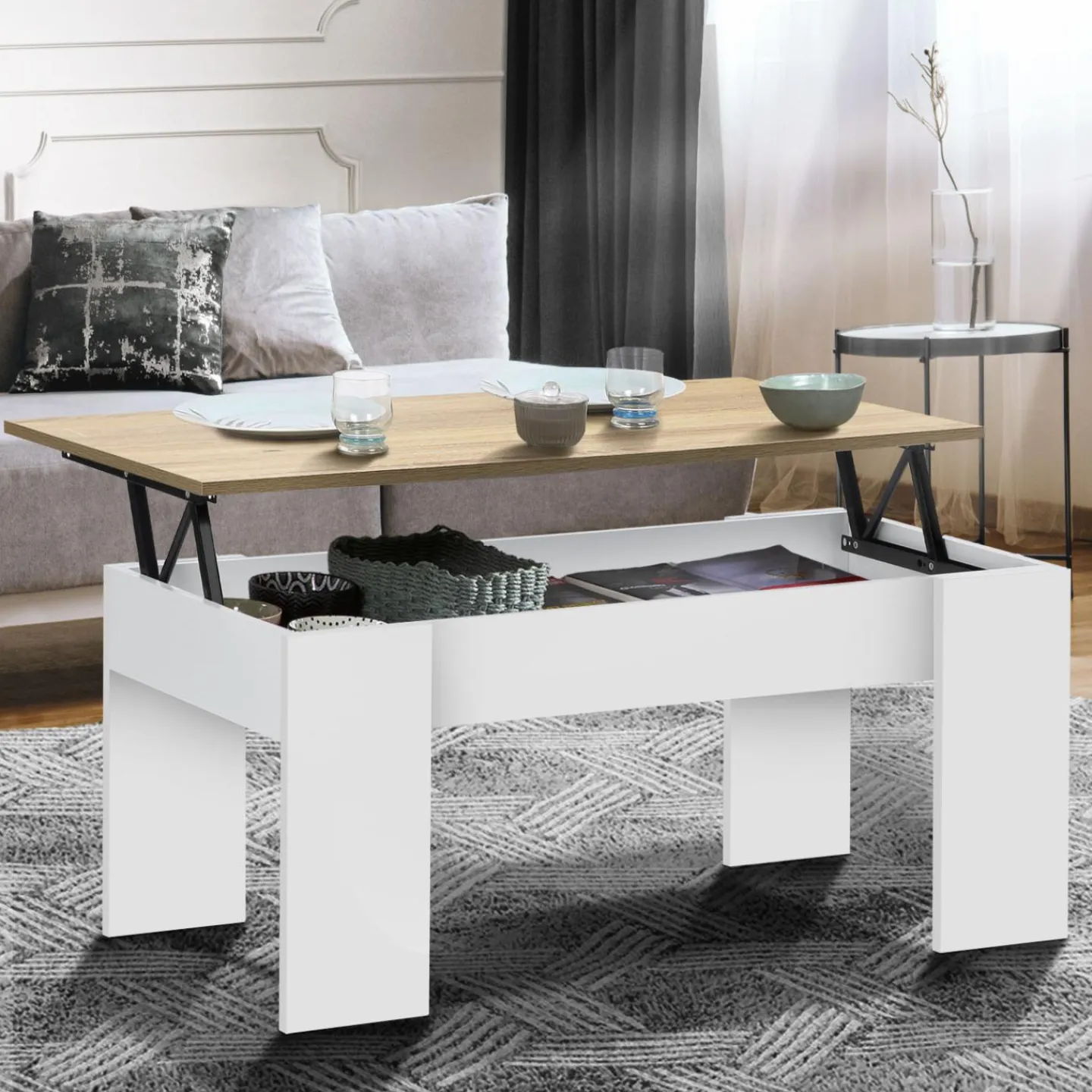 Table basse relevable rectangulaire bois blanc et imitation hêtre*IDMarket Outlet