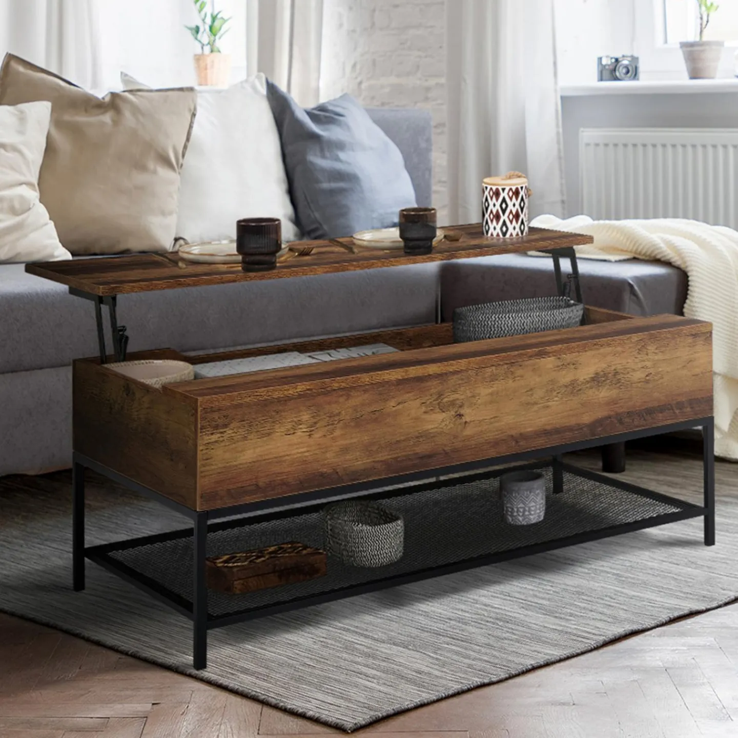Table basse relevable style industriel effet bois vieilli*IDMarket Discount
