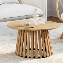 Table basse ronde 70 cm pied bois en lattes et plateau bois*IDMarket Online