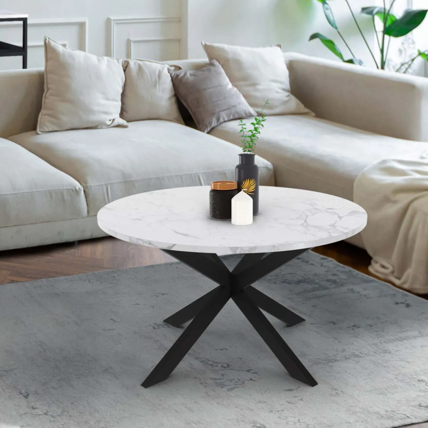 Table basse ronde avec plateau effet marbre blanc 70 cm*IDMarket Clearance