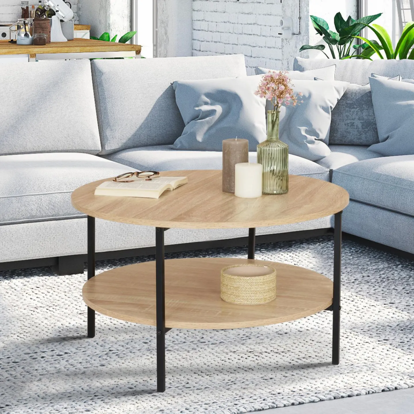 Table basse ronde double plateau style industriel 70 cm*IDMarket Online