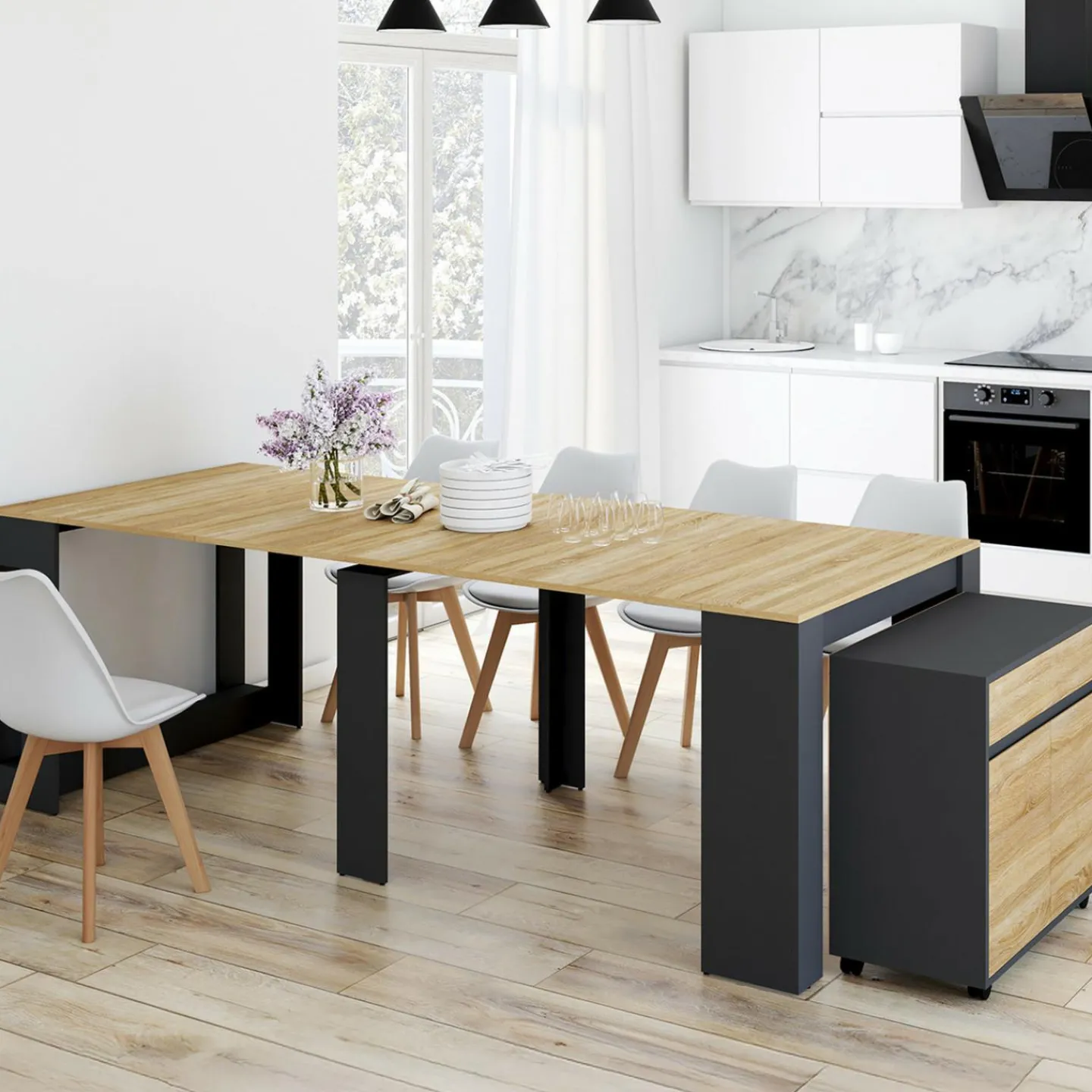 Table buffet extensible 10 personnes 235 cm bois et noir*IDMarket Discount