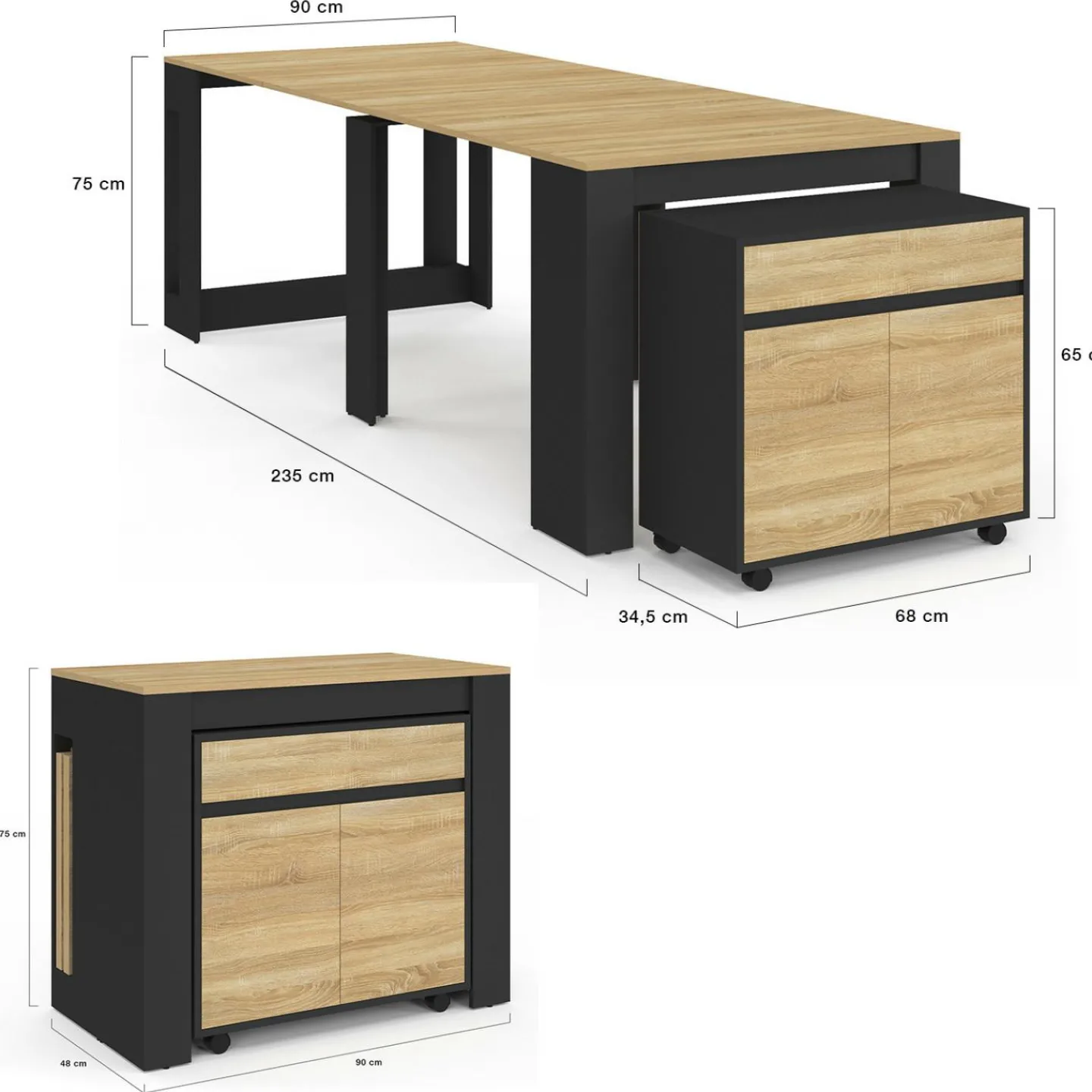 Table buffet extensible 10 personnes 235 cm bois et noir*IDMarket Discount