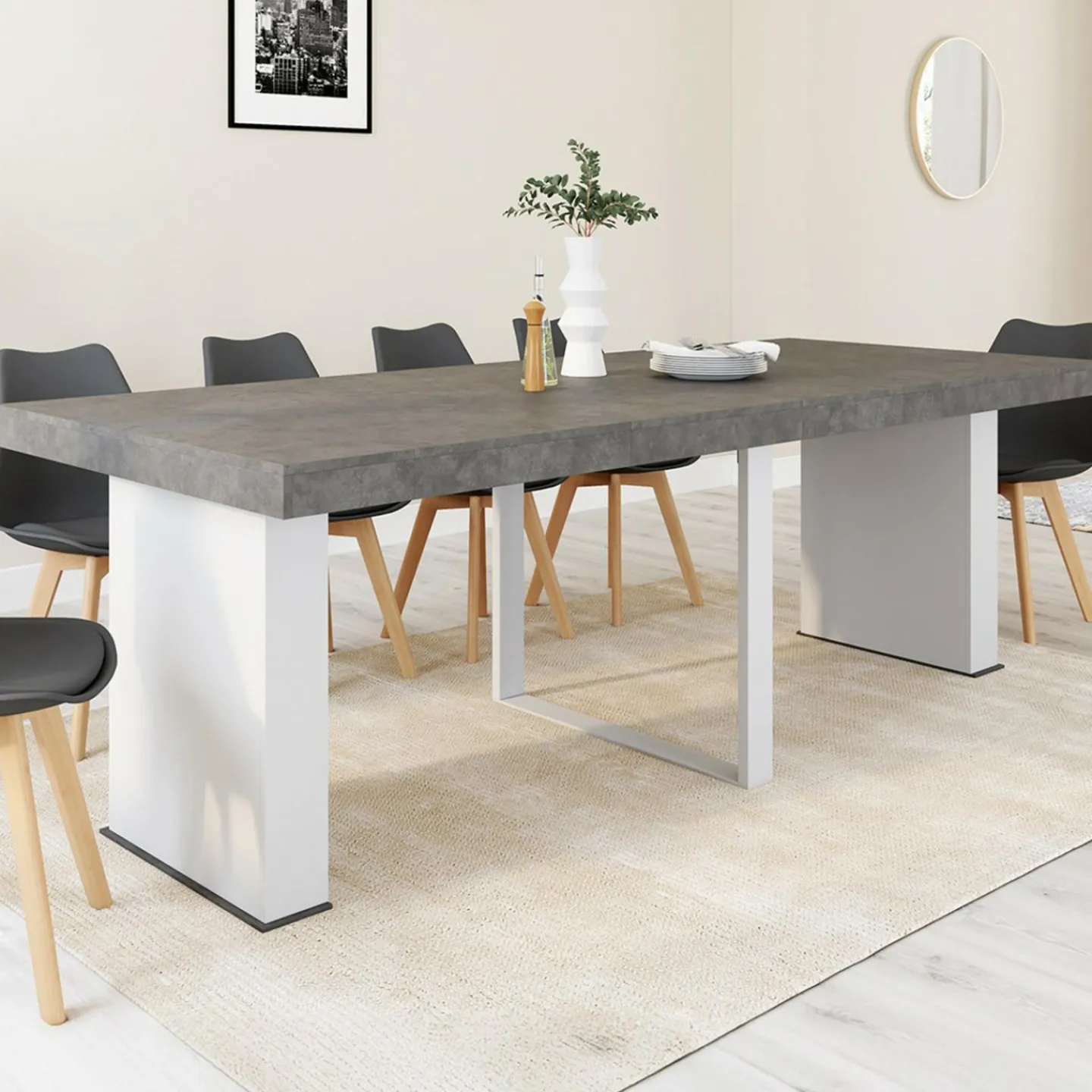 Table console extensible 10 personnes 235 cm béton et blanc*IDMarket Hot