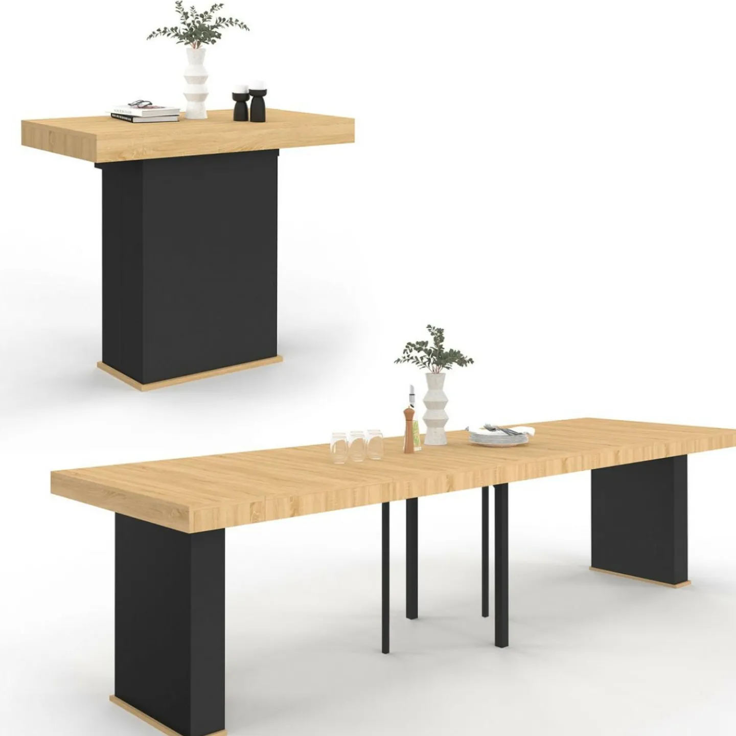 Table console extensible 14 personnes 300 cm bois et noir*IDMarket New