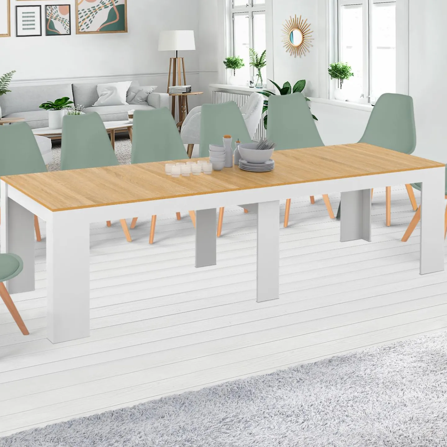 Table console extensible bois blanc et façon hêtre 300 cm 14 personnes*IDMarket Outlet