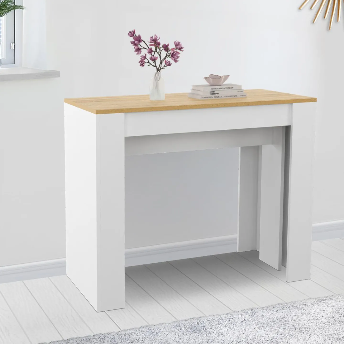 Table console extensible bois blanc et façon hêtre 300 cm 14 personnes*IDMarket Outlet