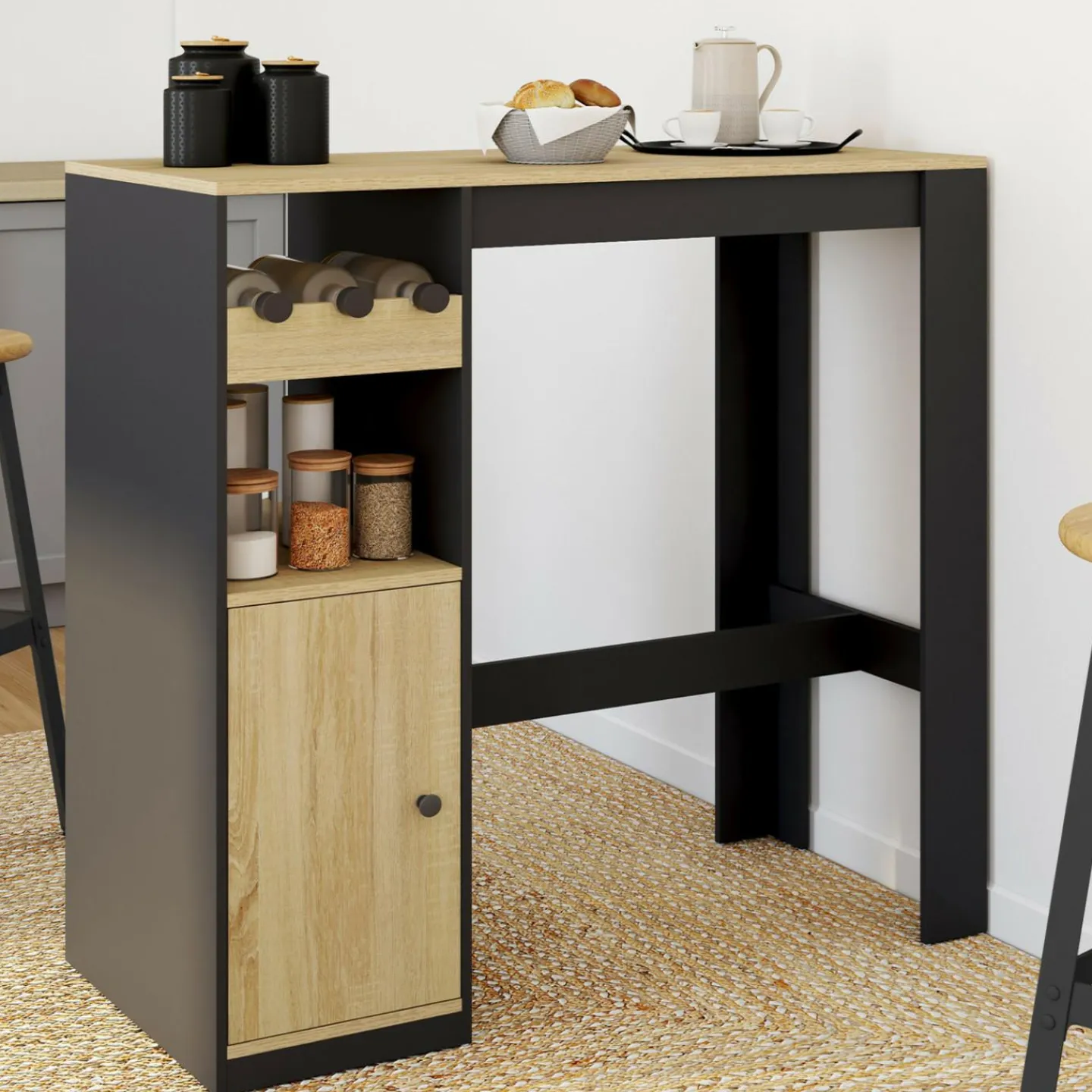 Table de bar 2 personnes bois et noir avec placard et range bouteilles*IDMarket Online