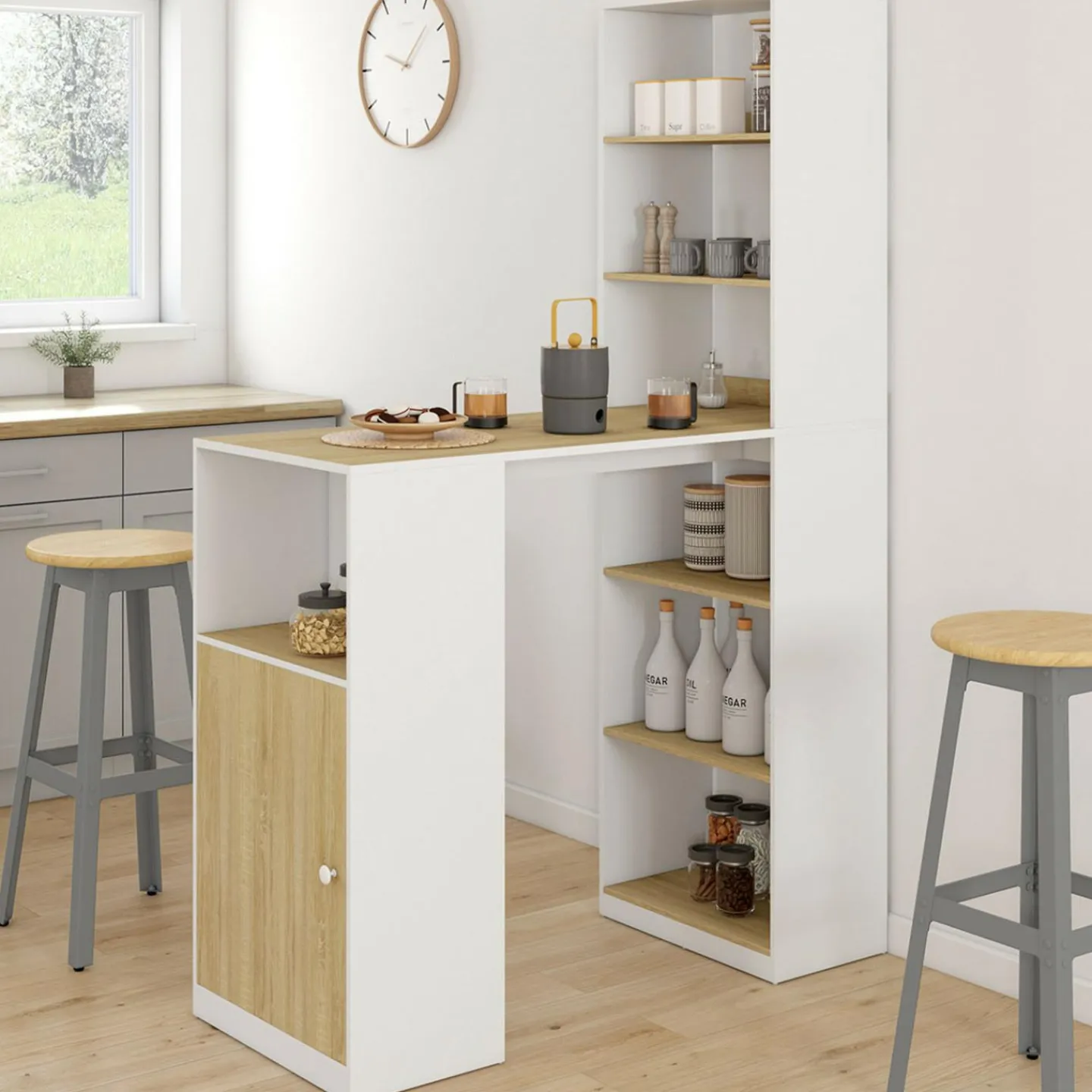 Table de bar blanc et bois avec rangements*IDMarket Best