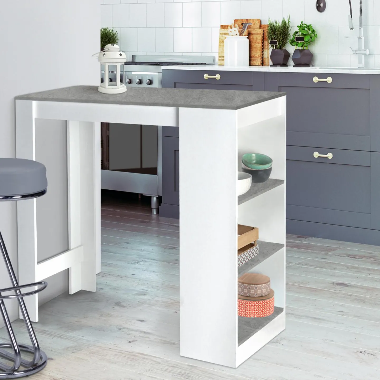 Table de bar haute 2 à 4 personnes blanche et grise effet béton*IDMarket Best