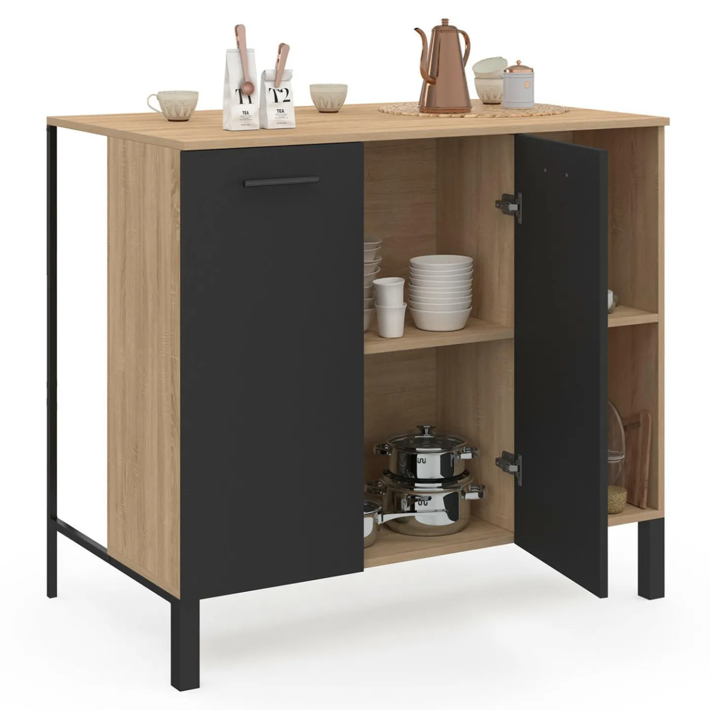 Table de bar îlot 100 cm bois noir et plateau façon hêtre*IDMarket New