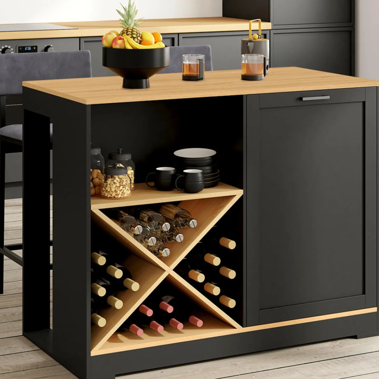 Table de bar îlot en bois noir avec range-bouteilles et plateau façon hêtre 113 cm*IDMarket Hot
