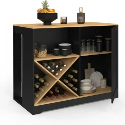 Table de bar îlot en bois noir avec range-bouteilles et plateau façon hêtre 113 cm*IDMarket Hot
