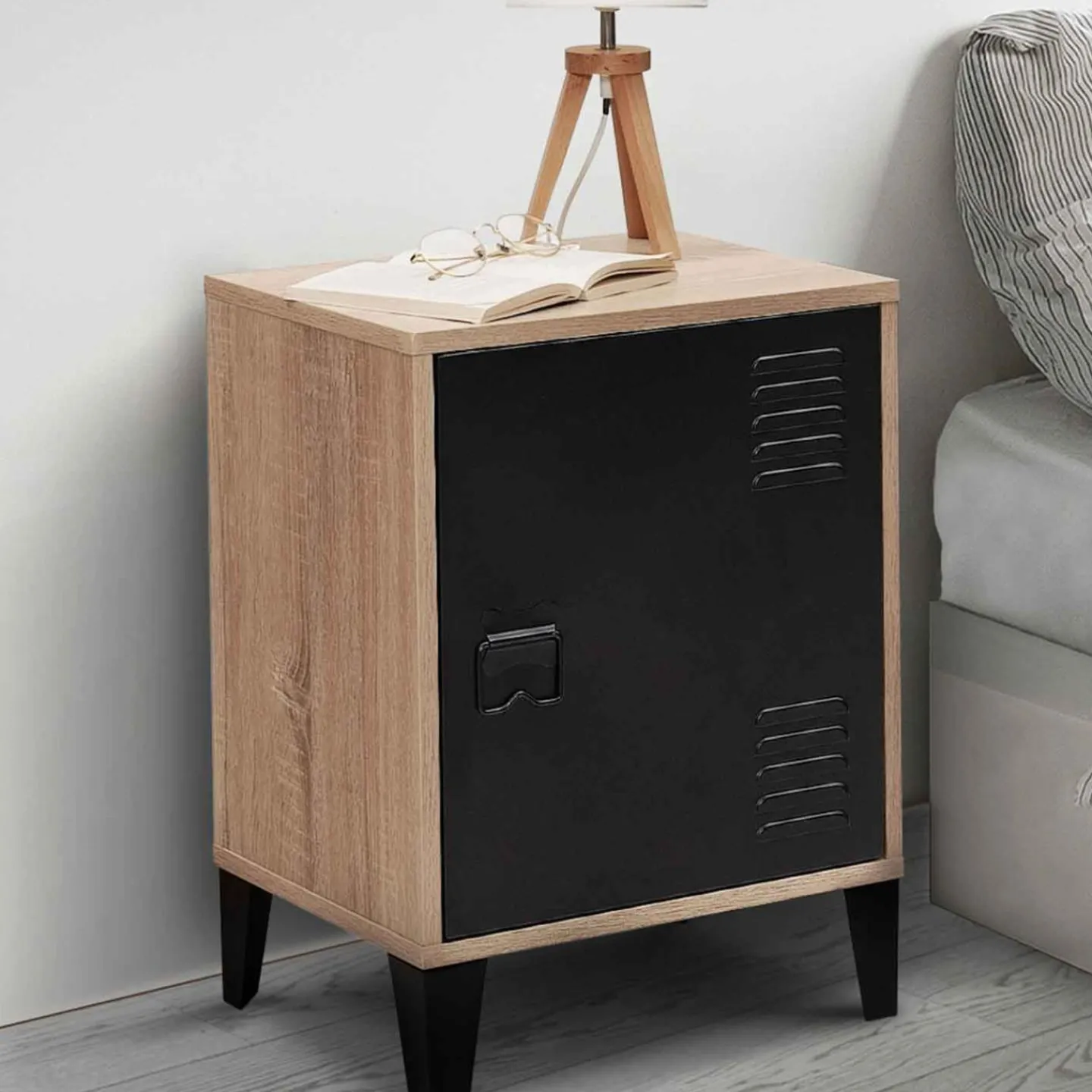 Table de chevet casier métal noir et bois*IDMarket Sale