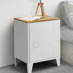 Table de chevet industrielle porte métal et plateau imitation hêtre*IDMarket