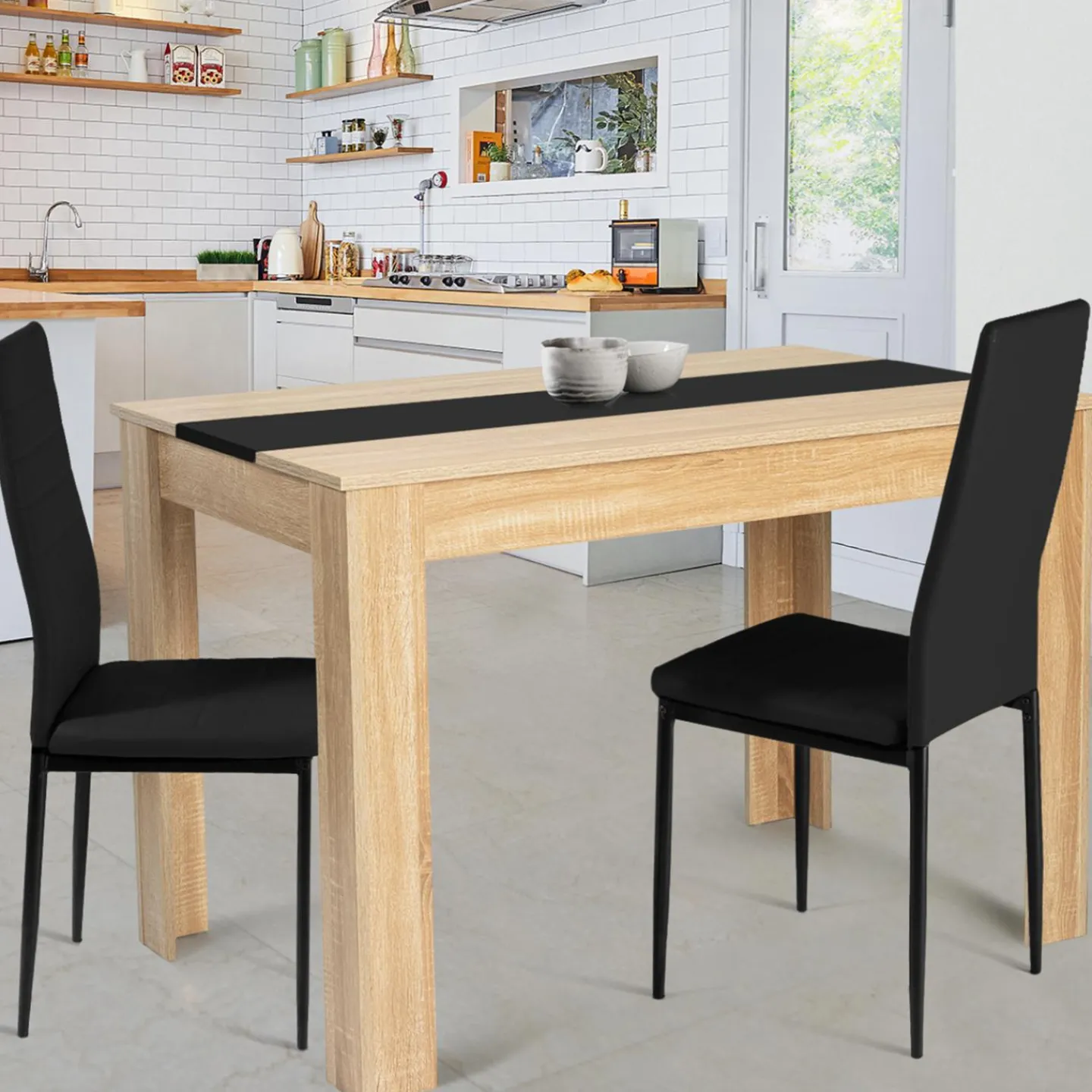 Table de cuisine 4 personnes imitation hêtre et noire*IDMarket Online