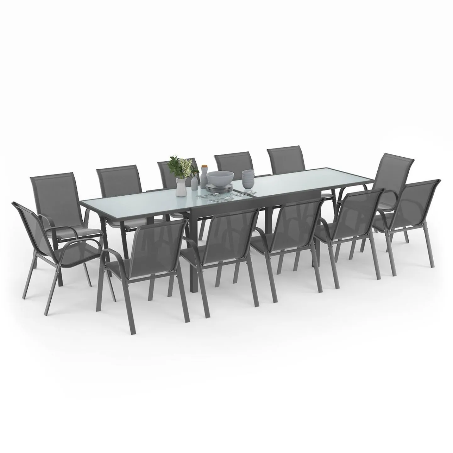 Table de jardin extensible 12 places grise avec chaises*IDMarket Discount