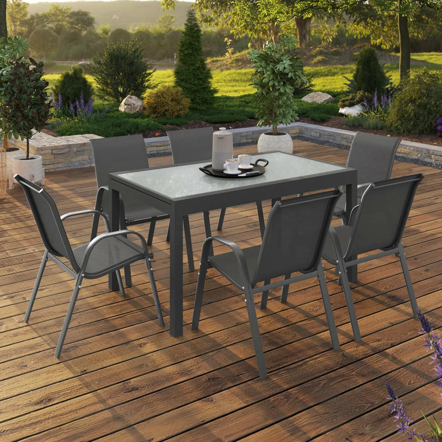 Table de jardin extensible 12 places grise avec chaises*IDMarket Discount