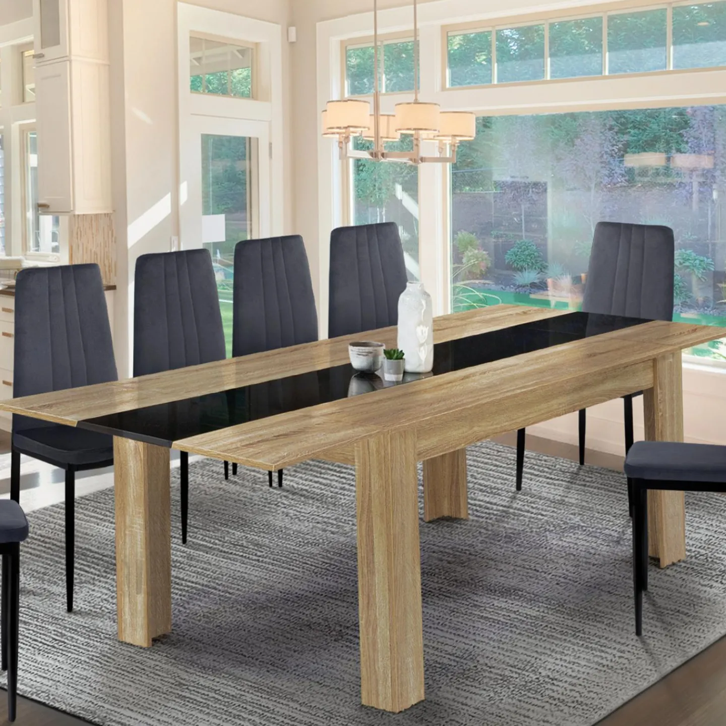 Table de salle à manger extensible en bois imitation hêtre et noire 6-10 personnes*IDMarket Best