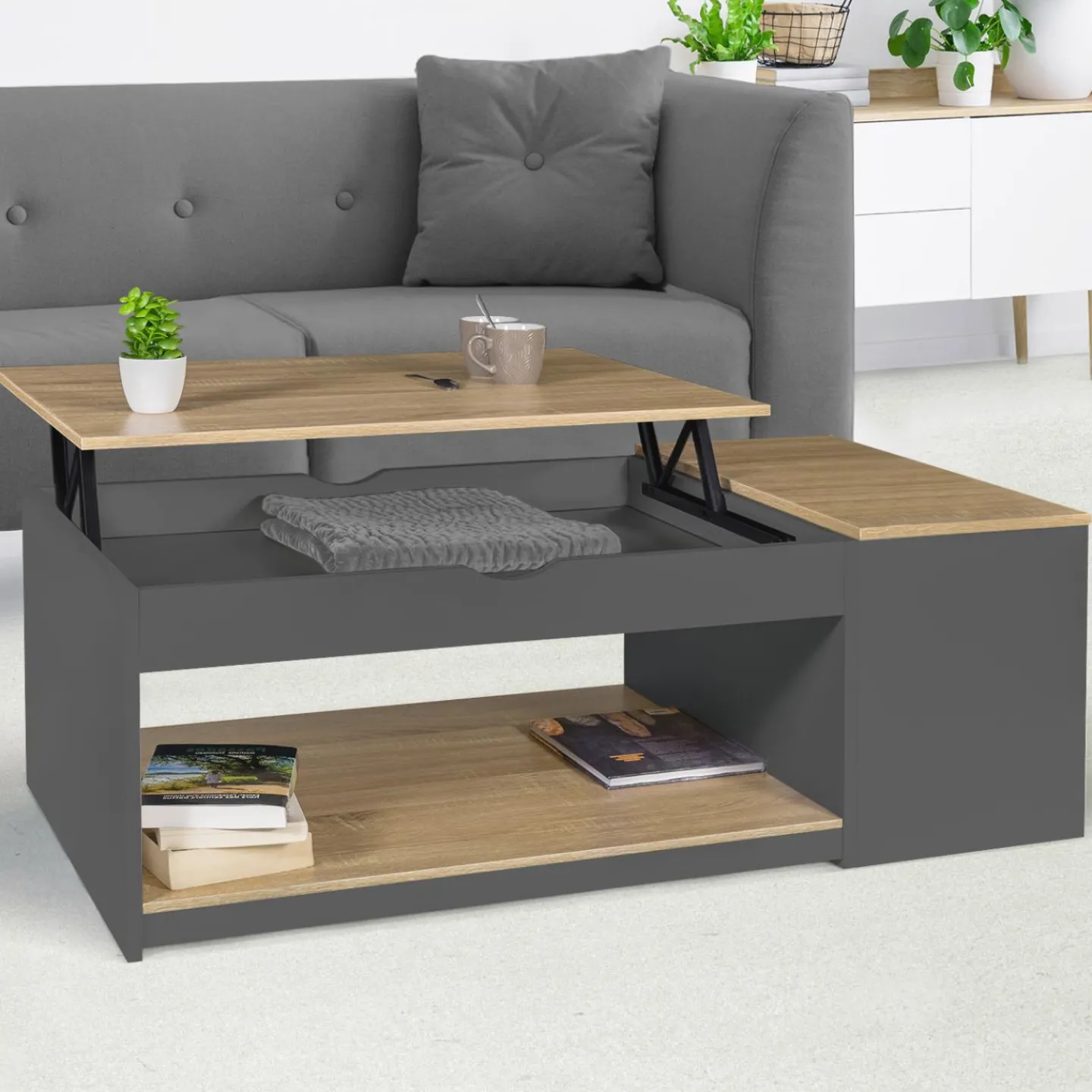 Table de salon avec plateau relevable et coffre bois gris et plateau façon hêtre*IDMarket New