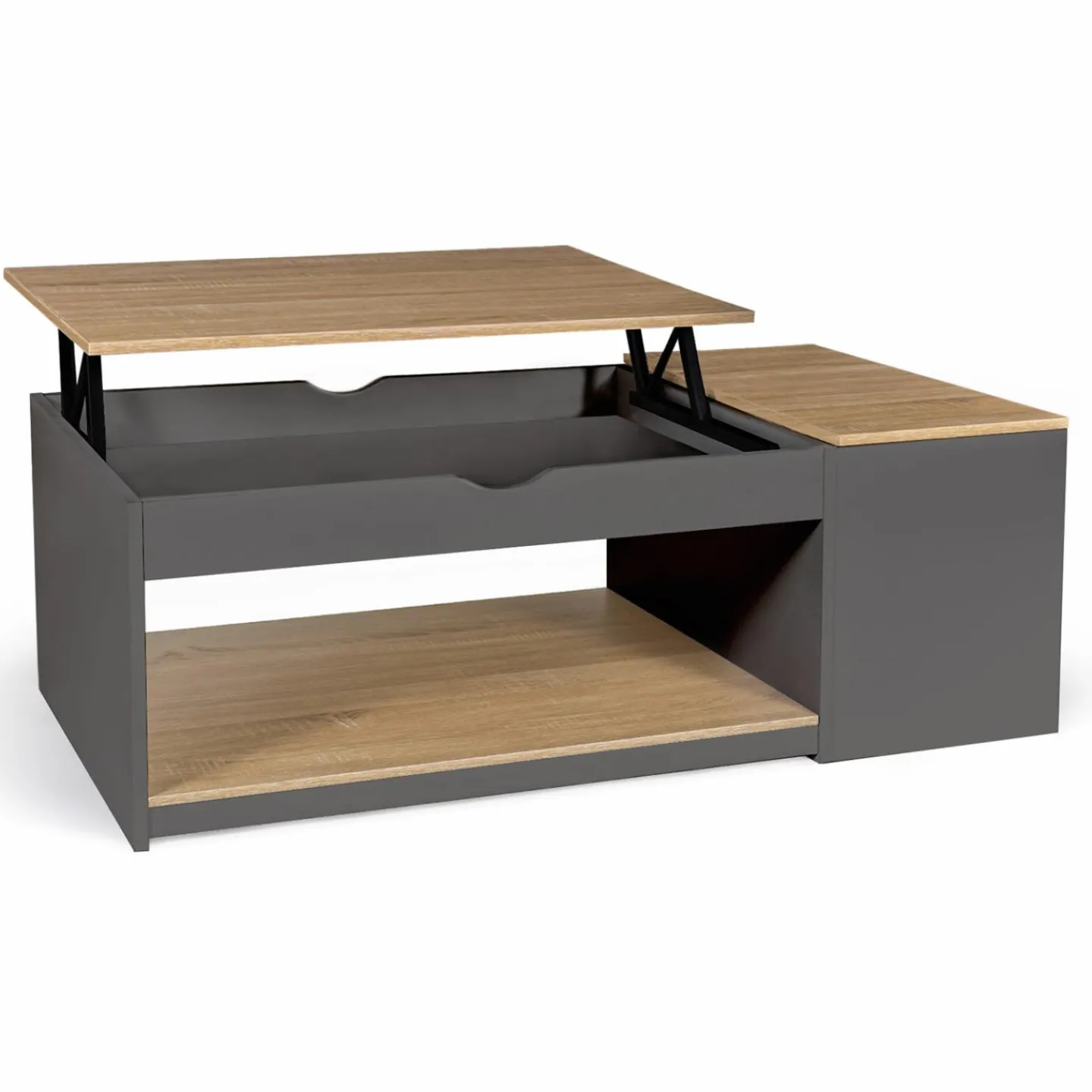 Table de salon avec plateau relevable et coffre bois gris et plateau façon hêtre*IDMarket New