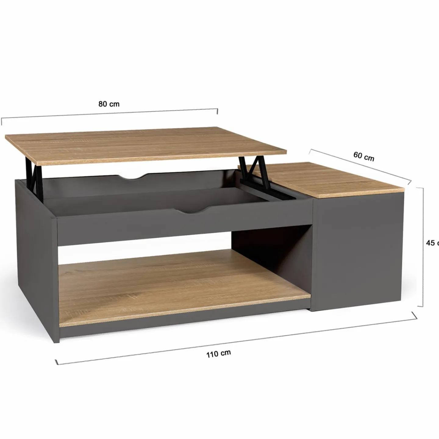 Table de salon avec plateau relevable et coffre bois gris et plateau façon hêtre*IDMarket New