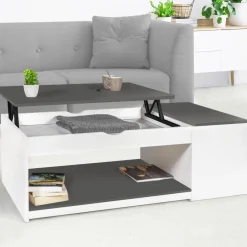 Table de salon avec plateau relevable et coffre bois blanc et plateau gris*IDMarket Online
