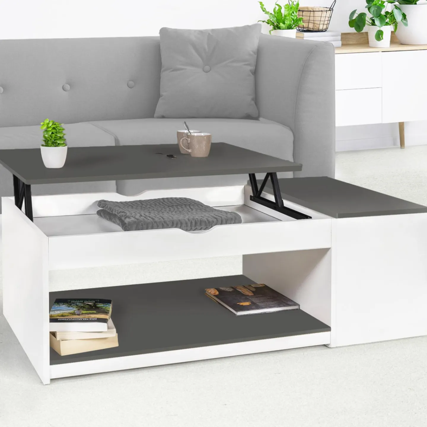 Table de salon avec plateau relevable et coffre bois blanc et plateau gris*IDMarket Online