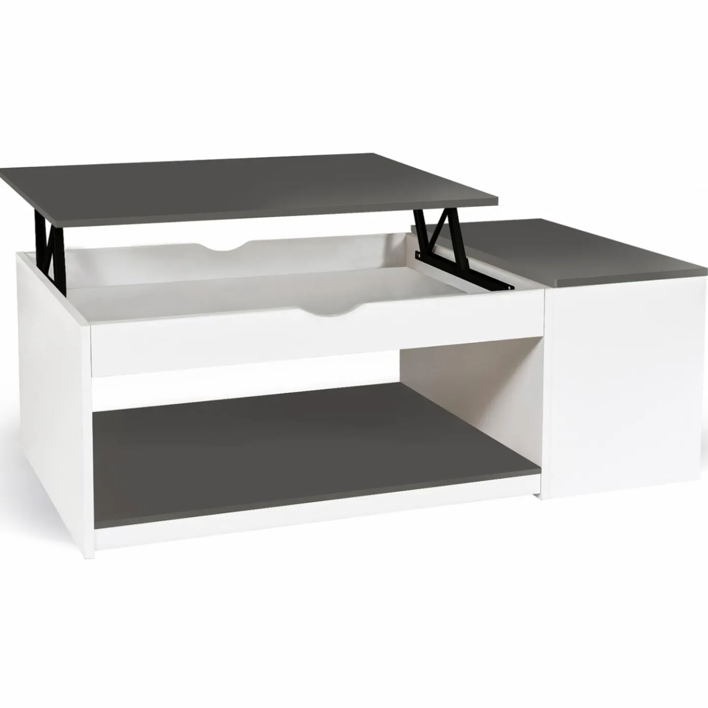 Table de salon avec plateau relevable et coffre bois blanc et plateau gris*IDMarket Online