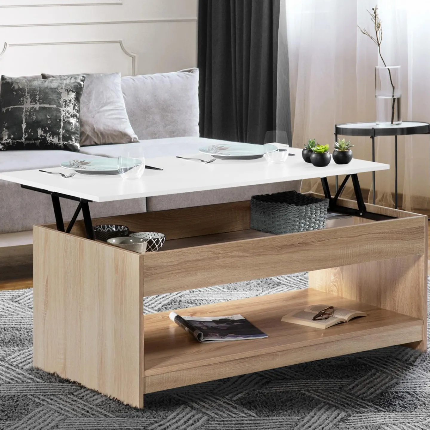 Table de salon avec plateau relevable imitation hêtre plateau blanc*IDMarket Hot