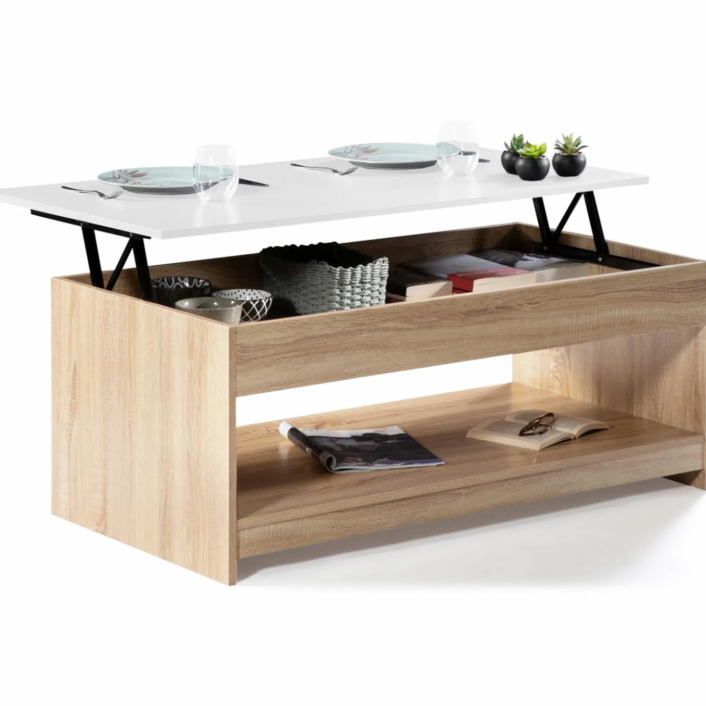 Table de salon avec plateau relevable imitation hêtre plateau blanc*IDMarket Hot