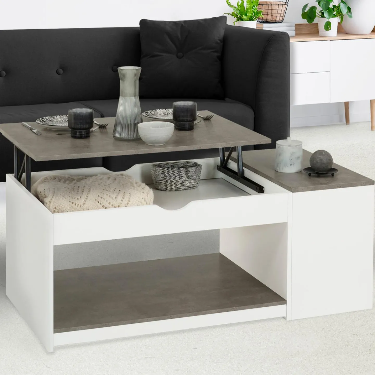 Table de salon avec plateau relevable effet béton et bois blanc*IDMarket Clearance