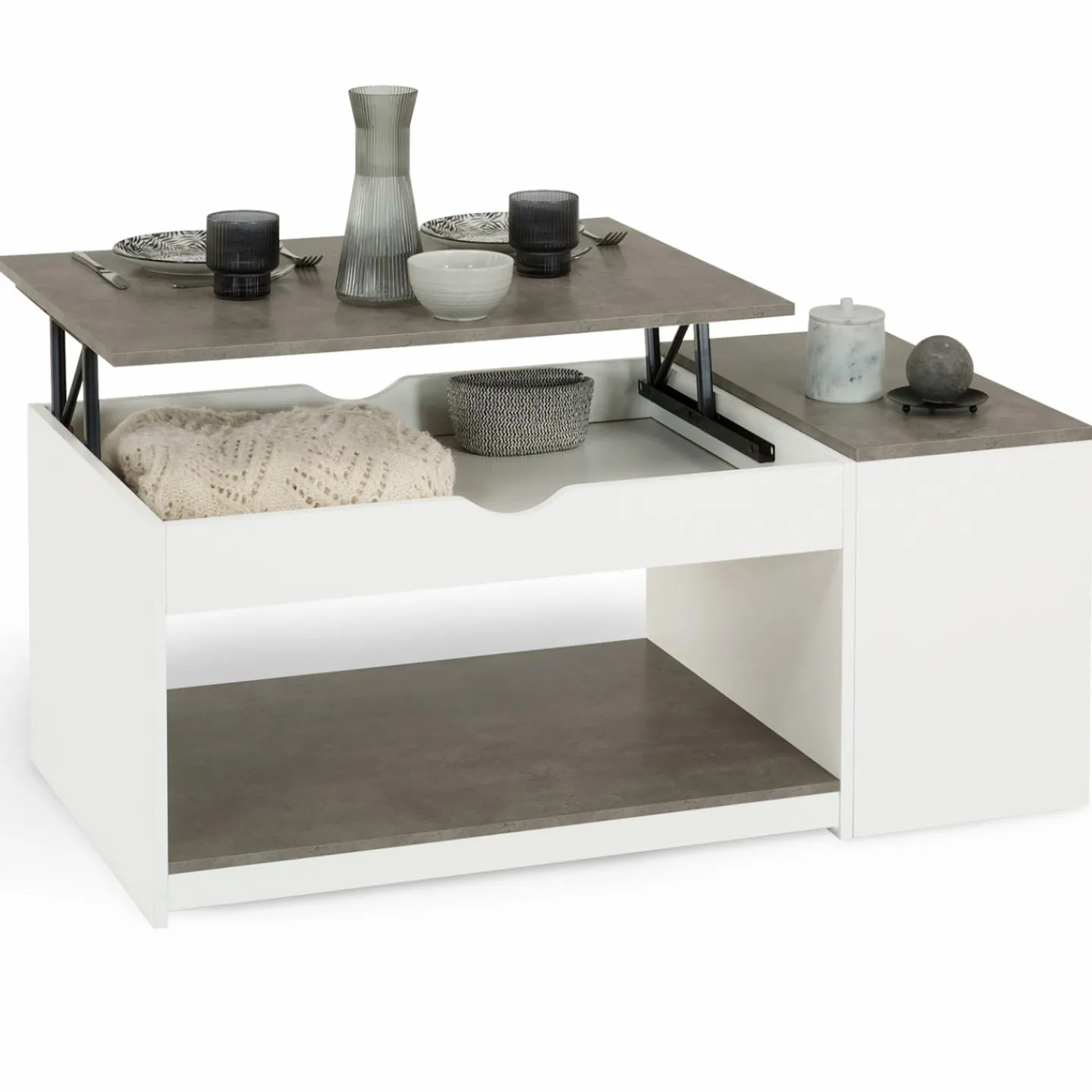 Table de salon avec plateau relevable effet béton et bois blanc*IDMarket Clearance