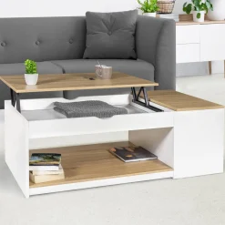 Table de salon avec plateau relevable bois blanc et façon hêtre*IDMarket Clearance