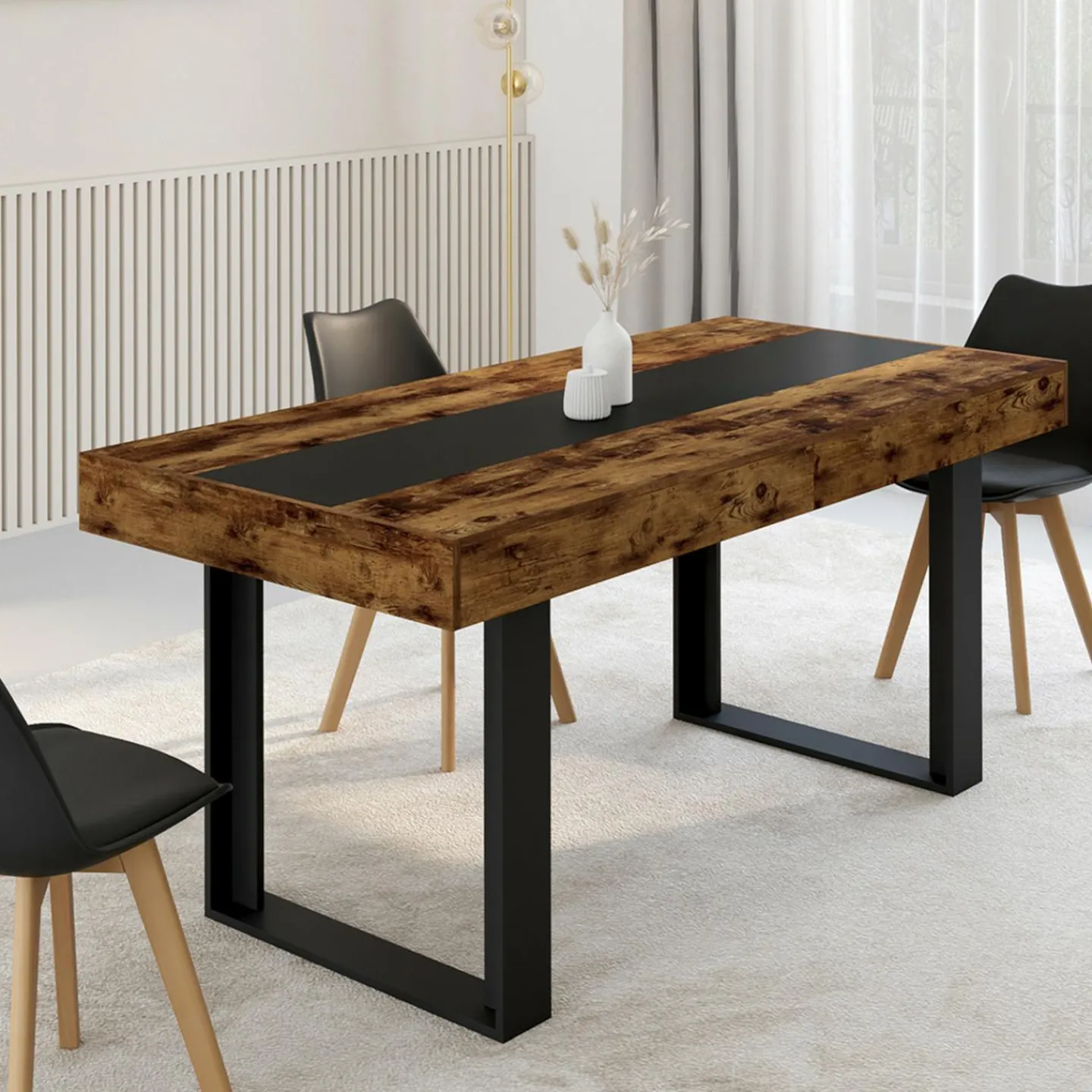 Table extensible 6 à 10 personnes bois effet vieilli et noir*IDMarket New