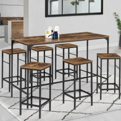 Table haute avec 6 tabourets bois effet vieilli*IDMarket