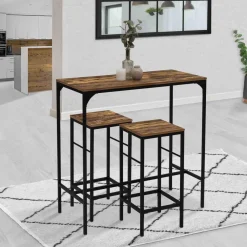 Table haute avec 2 tabourets bois effet vieilli*IDMarket Clearance