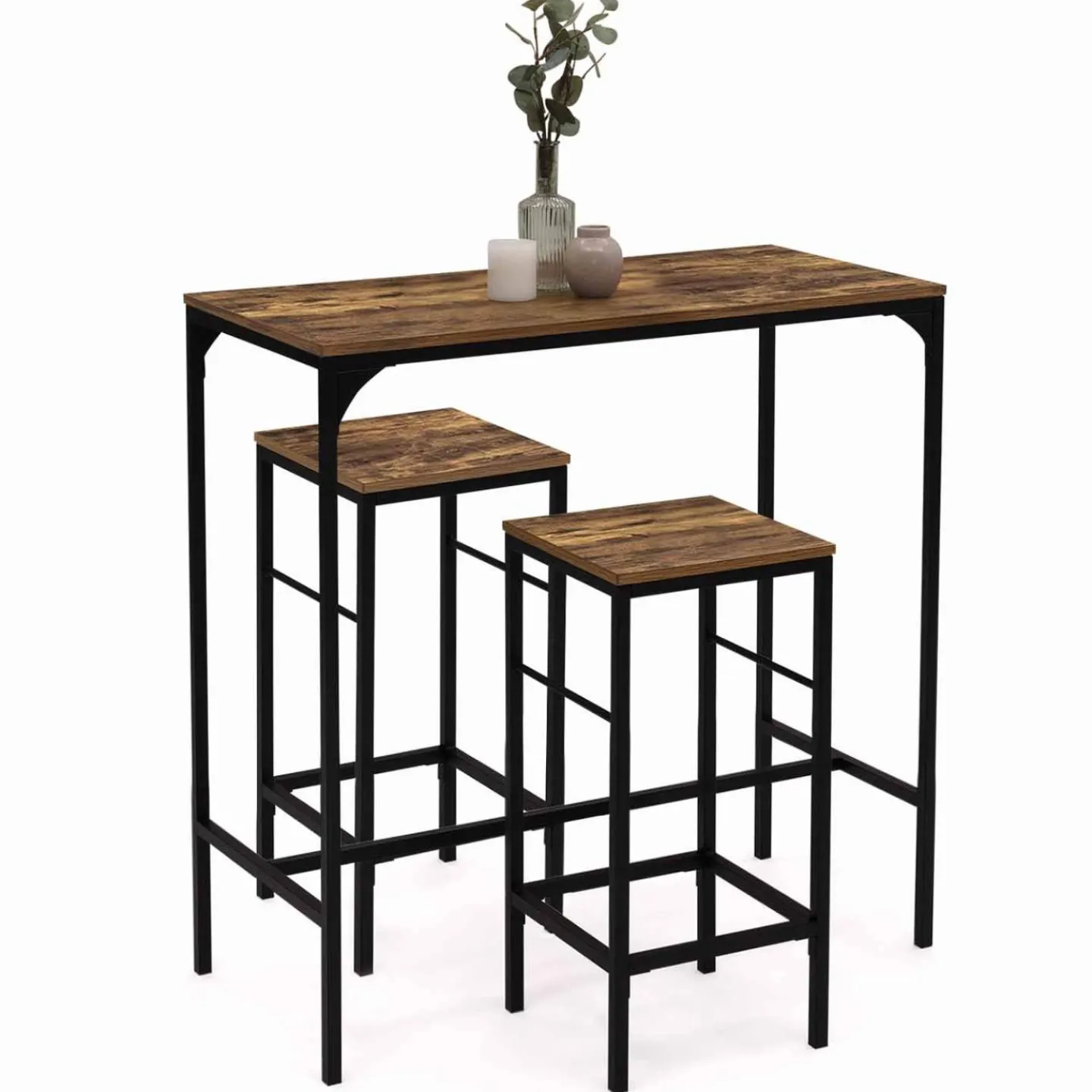 Table haute avec 2 tabourets bois effet vieilli*IDMarket Clearance