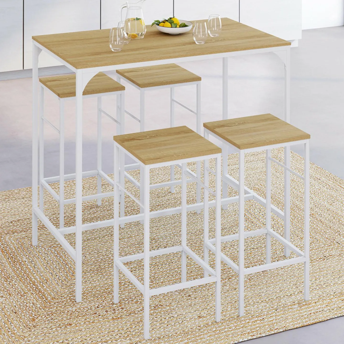 Table haute avec 4 tabourets métal blanc et bois style industriel*IDMarket Outlet