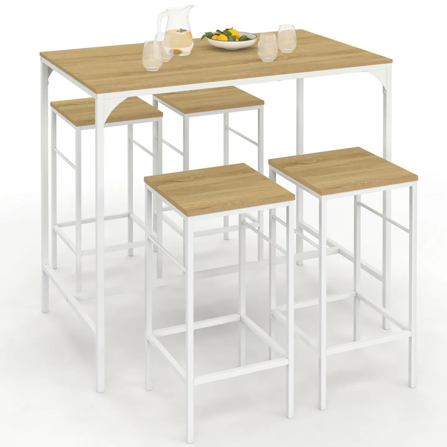 Table haute avec 4 tabourets métal blanc et bois style industriel*IDMarket Outlet