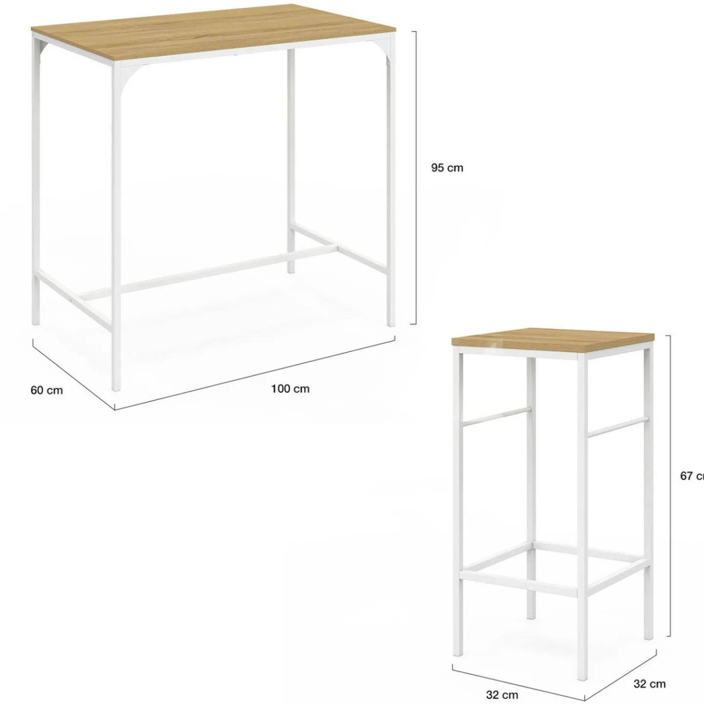 Table haute avec 4 tabourets métal blanc et bois style industriel*IDMarket Outlet