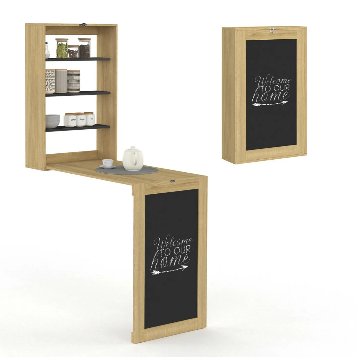 Table murale pliable MACCHIA avec étagères et tableau craie 2 personnes bois et noir*IDMarket Sale
