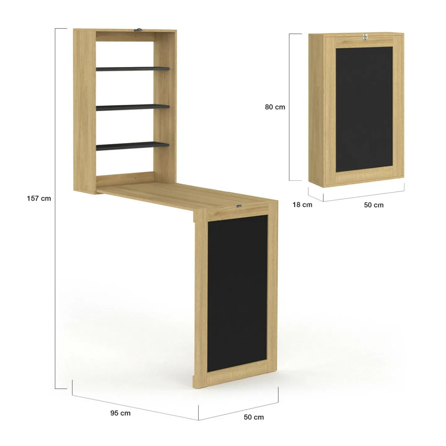 Table murale pliable MACCHIA avec étagères et tableau craie 2 personnes bois et noir*IDMarket Sale