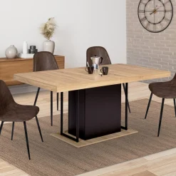 Table pied central extensible noir et bois façon hêtre*IDMarket Clearance