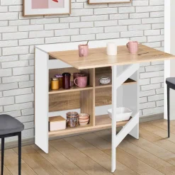 Table pliante blanche plateau bois avec double rangement central*IDMarket Best
