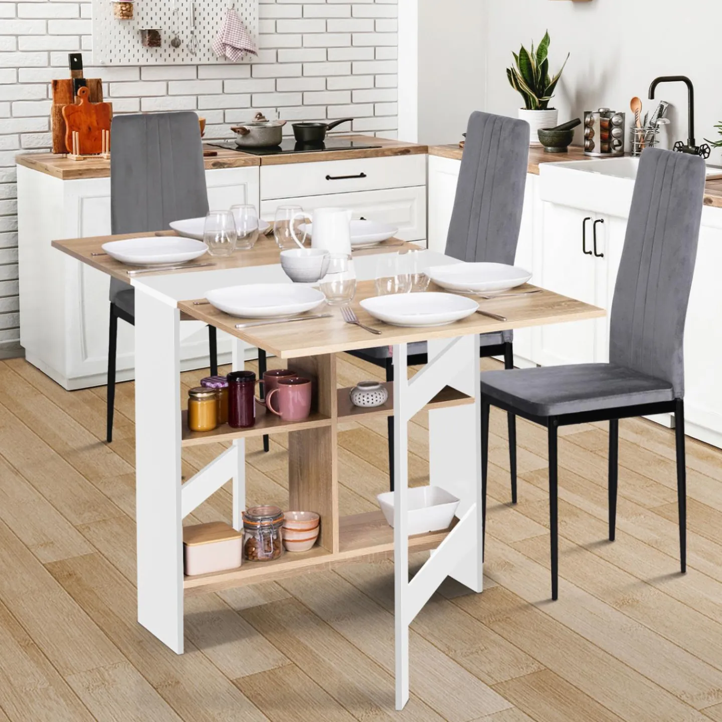Table pliante blanche plateau bois avec double rangement central*IDMarket Best