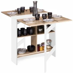 Table pliante blanche plateau bois avec double rangement central*IDMarket Best