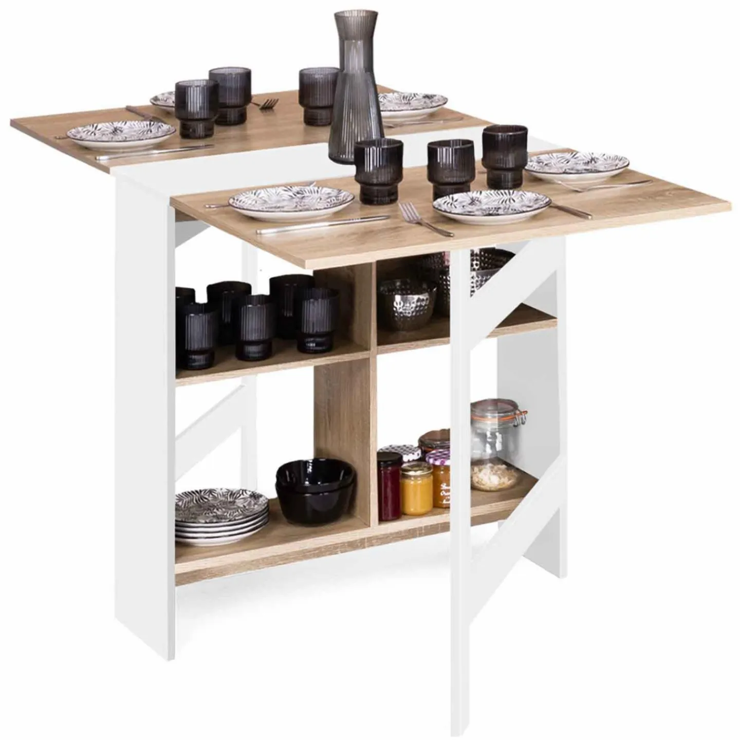 Table pliante blanche plateau bois avec double rangement central*IDMarket Best
