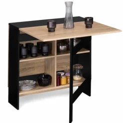 Table pliante noire plateau bois avec double rangement central*IDMarket Online